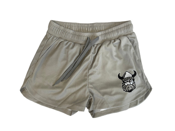 The Sanderson Lacrosse Northmen Lacrosse Bardown Loose Shorts - Women's are light gray with an elastic waistband, drawstring, and a black Viking helmet logo on the left thigh, shown on a white background. Perfect for women's lacrosse.