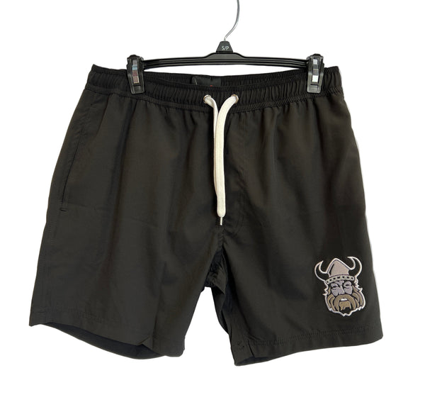 Sanderson Lacrosse Northmen Lacrosse Bardown Drawstring Swim Shorts in black, featuring a white drawstring and a cartoon Viking helmet logo on the lower left leg—ideal for lacrosse fans. Shown hanging on a hanger.