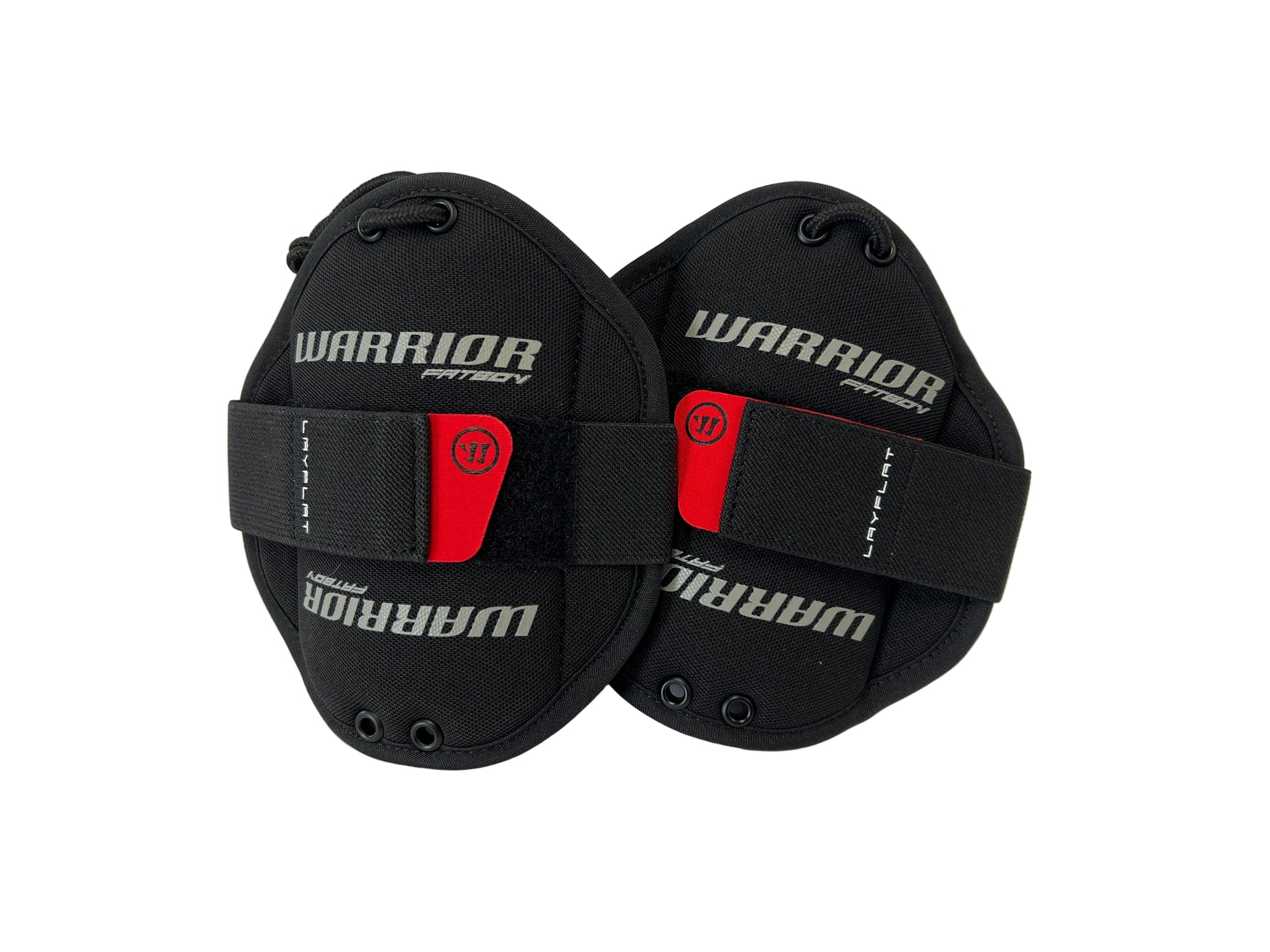 A pair of Sanderson Lacrosse Warrior Fatboy Bicep Pads in black with red accents and adjustable straps are displayed side by side on a white background.