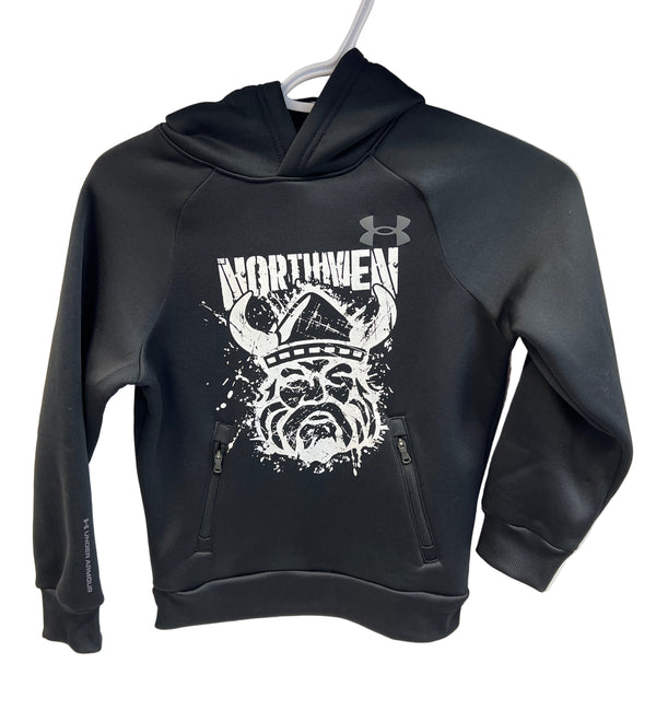 The Northmen Lacrosse Under Armour Hoodie Cracked - Youth by Sanderson Lacrosse features a bold white Viking helmet and "NORTHMEN" graphic on black, plus two zippered front pockets—perfect for any young Northmen Lacrosse fan.