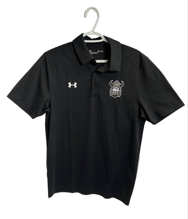A black Northmen Lacrosse Golf Shirt for men by Sanderson Lacrosse hangs on display, featuring a small white Under Armour logo and an embroidered Viking head—an excellent find from your Canadian lacrosse shop.