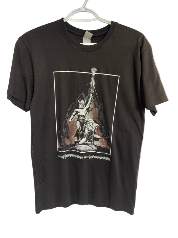 Black cotton T-shirt by Sanderson Lacrosse featuring a fantasy warrior graphic, inspired by Northmen Lacrosse. Perfect for fans looking for unique lacrosse apparel. Product: Northmen Lacrosse Cotton T-shirt - special.