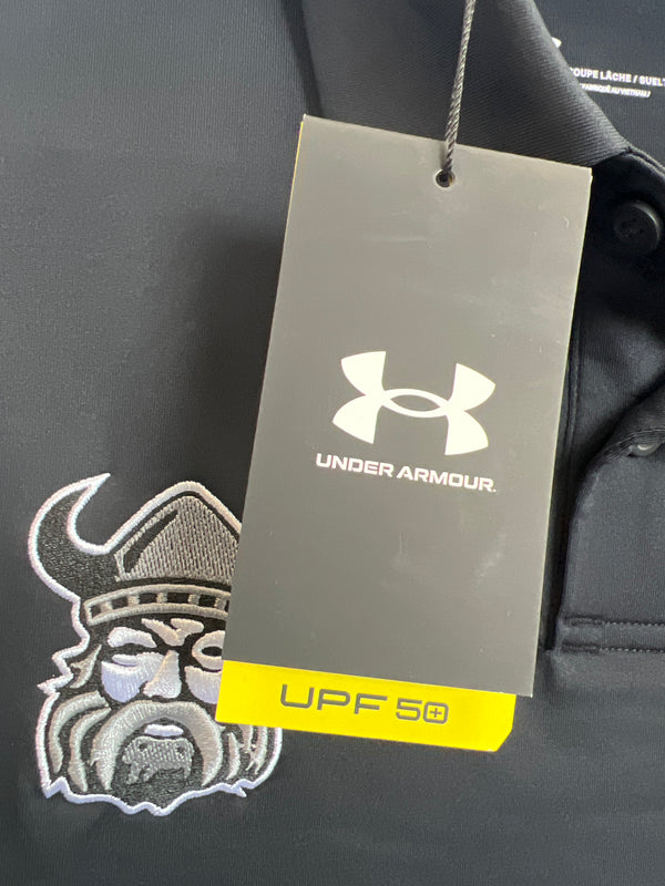 A close-up of a black Sanderson Lacrosse Northmen Lacrosse Golf Sun Protection UPF50 Shirt, featuring a Viking logo and a hanging tag displaying the UPF 50+ rating in yellow at the bottom.
