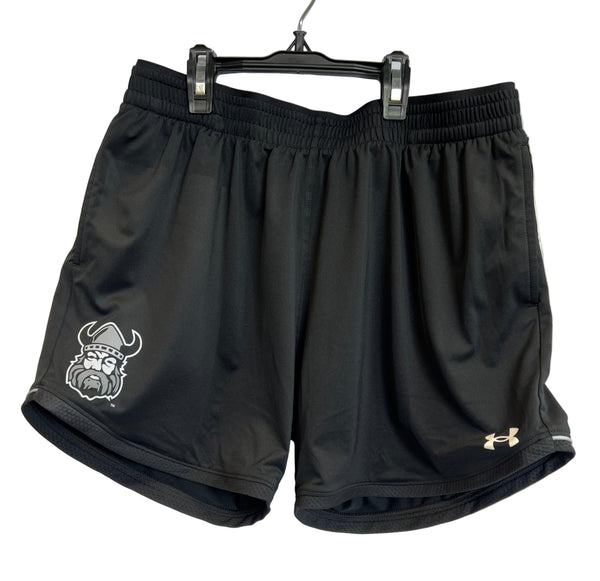 The Sanderson Lacrosse Northmen Lacrosse Under Armour Loose Knit Shorts Mid Length - Women's feature a Viking head logo on the left leg and an Under Armour logo on the right, shown in black on a hanger against a white background.