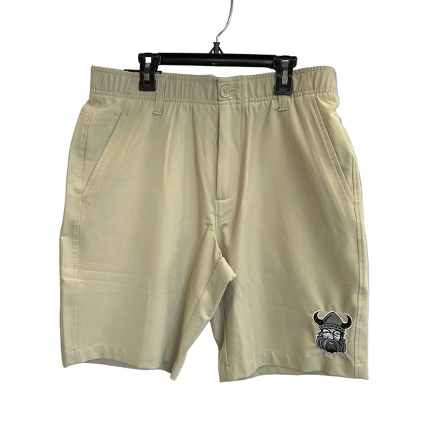 The Northmen Lacrosse Under Armour Golf Shorts in sand by Sanderson Lacrosse feature side pockets and a mascot logo on the lower right leg—available now at your Canadian lacrosse shop.
