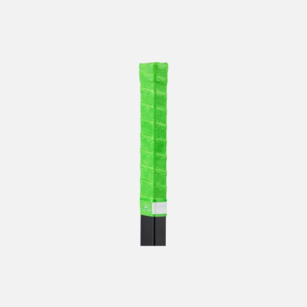 A black rectangular object features a Lizard Skins DSP Hockey Grip Tape - 99cm in bright green, with a textured handle wrap by Lizard Skins, displayed against a plain white background.