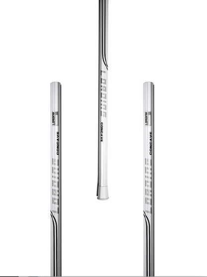 Loading Concave Attack lacrosse shaft in silver showing full-length front view
