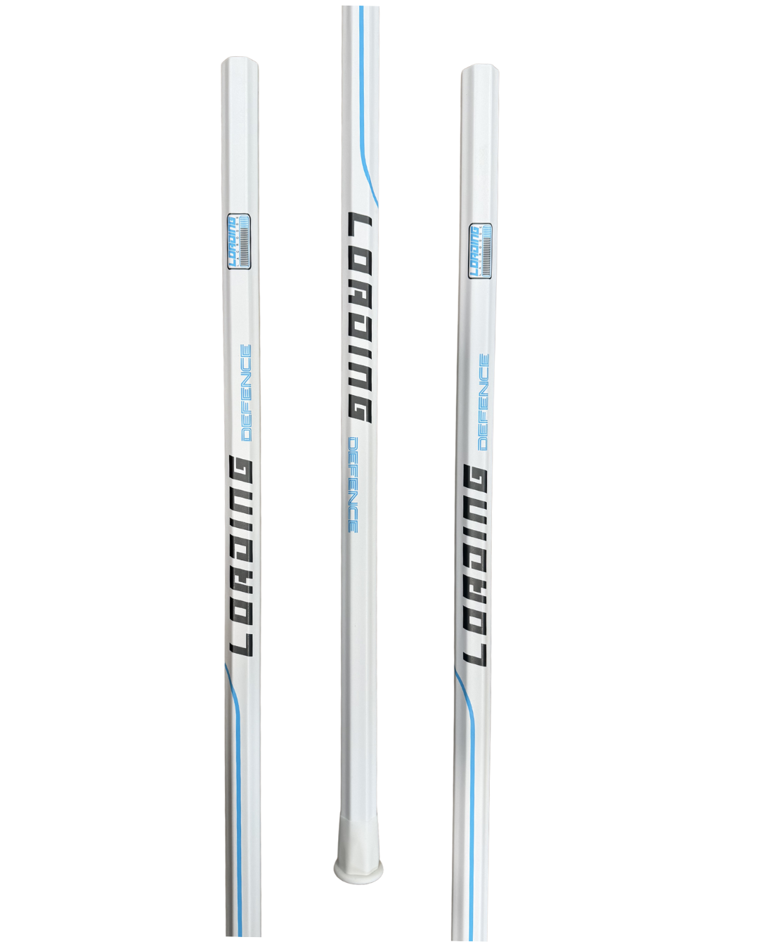 Loading 36-inch Defence box lacrosse shaft in white with Carolina blue stripe and Loading Defence branding