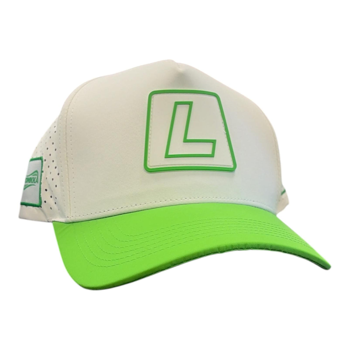 Loading Lacrosse Tonkka snapback hat in white with lime green brim, raised green rubber L patch and perforated side panels