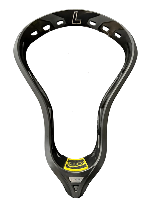 Black lacrosse head with a yellow logo on a white background