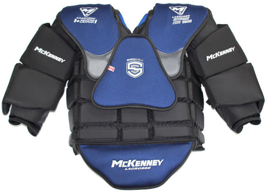McKenney Extreme Pro 9500 Box Lacrosse Goalie Chest & Arms in black and navy – front view – Sanderson Lacrosse