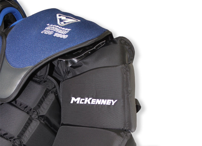 McKenney Extreme Pro 9500 Box Lacrosse Goalie Chest & Arms – shoulder cap and bicep pad detail with Extreme Pro 9500 logo – Sanderson Lacrosse