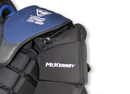 McKenney Extreme Pro 9500 Box Lacrosse Goalie Chest & Arms – shoulder cap and bicep pad detail with Extreme Pro 9500 logo – Sanderson Lacrosse