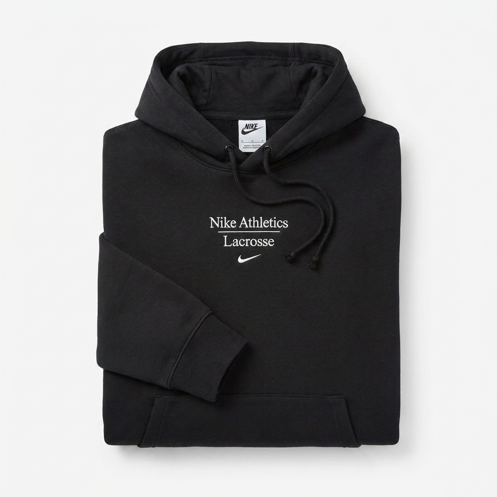 Nike Athletics Lacrosse Hoodie in Black - flat lay showing full front graphic detail - Sanderson Lacrosse