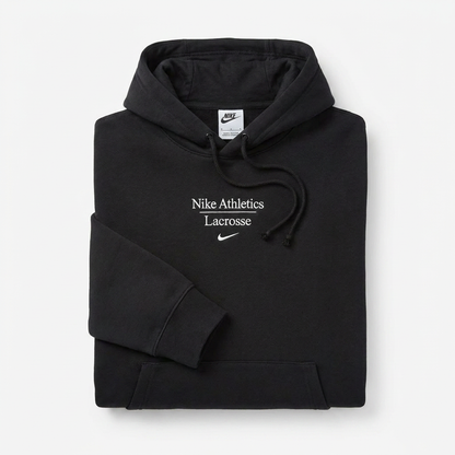 Nike Athletics Lacrosse Hoodie in Black - flat lay showing full front graphic detail - Sanderson Lacrosse