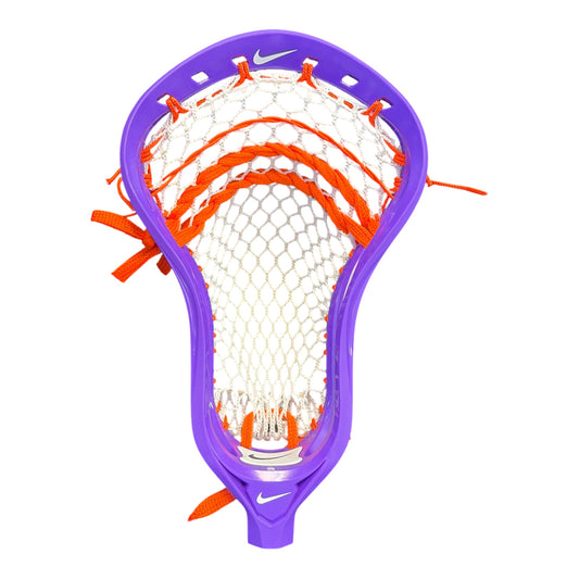 Nike L4 lacrosse head in purple, pre-strung with ECD Hero 4.0 semi-soft mesh and orange strings, for field attack and midfield