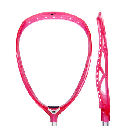 Nike Prime Elite goalie lacrosse head, unstrung, limited edition Hyperpink (Clear), front and side views
