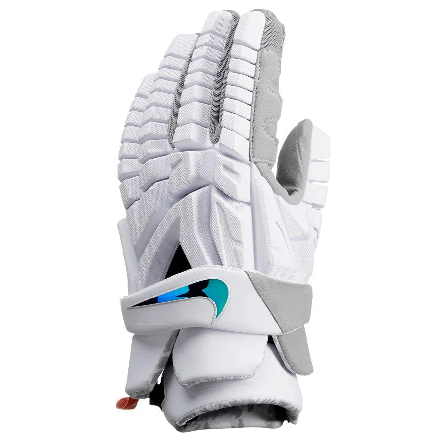 Nike Vapor Premier Men's Lacrosse Gloves in White - front view showing articulated padding and Dri-FIT mesh - Sanderson Lacrosse