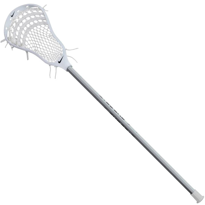 The Nike Surge LT Complete Attack Lacrosse Stick by Nike features a white head, mesh net, silver shaft, and small black Nike logo—ideal for beginner players.