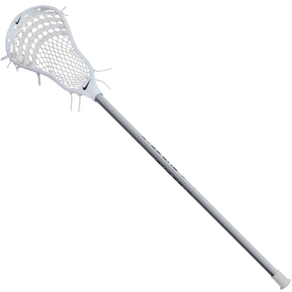 The Nike Surge LT Complete Attack Lacrosse Stick by Nike features a white head, mesh net, silver shaft, and small black Nike logo—ideal for beginner players.