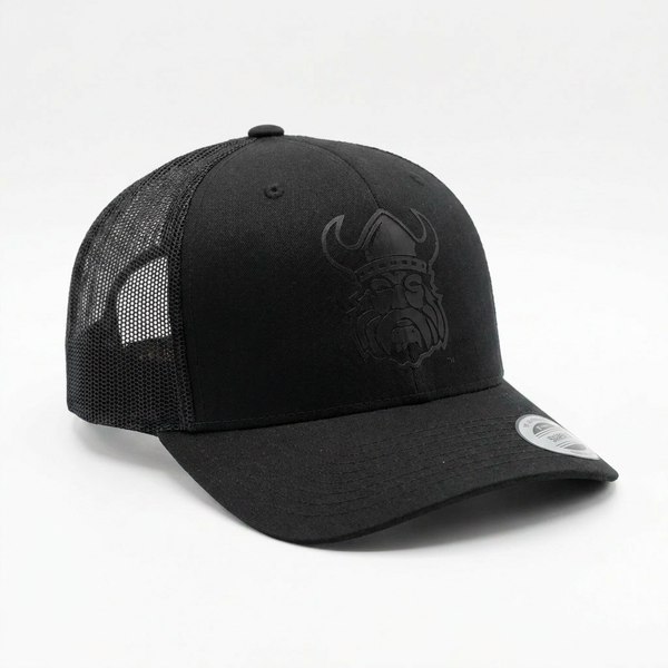Orangeville Northmen Lacrosse snapback hat in Black on Black and Grey on Grey, 3/4 left view, embroidered Viking crest