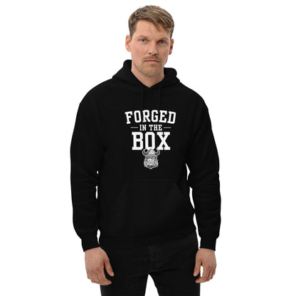 Northmen Forged In The Box Unisex Heavier Hoodie in Black - front detail view - Sanderson Lacrosse