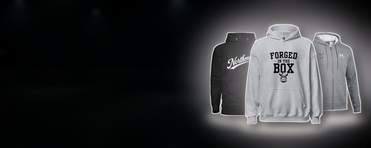 Orangeville Northmen Forged in the Box hoodie, script hoodie and snapback hat