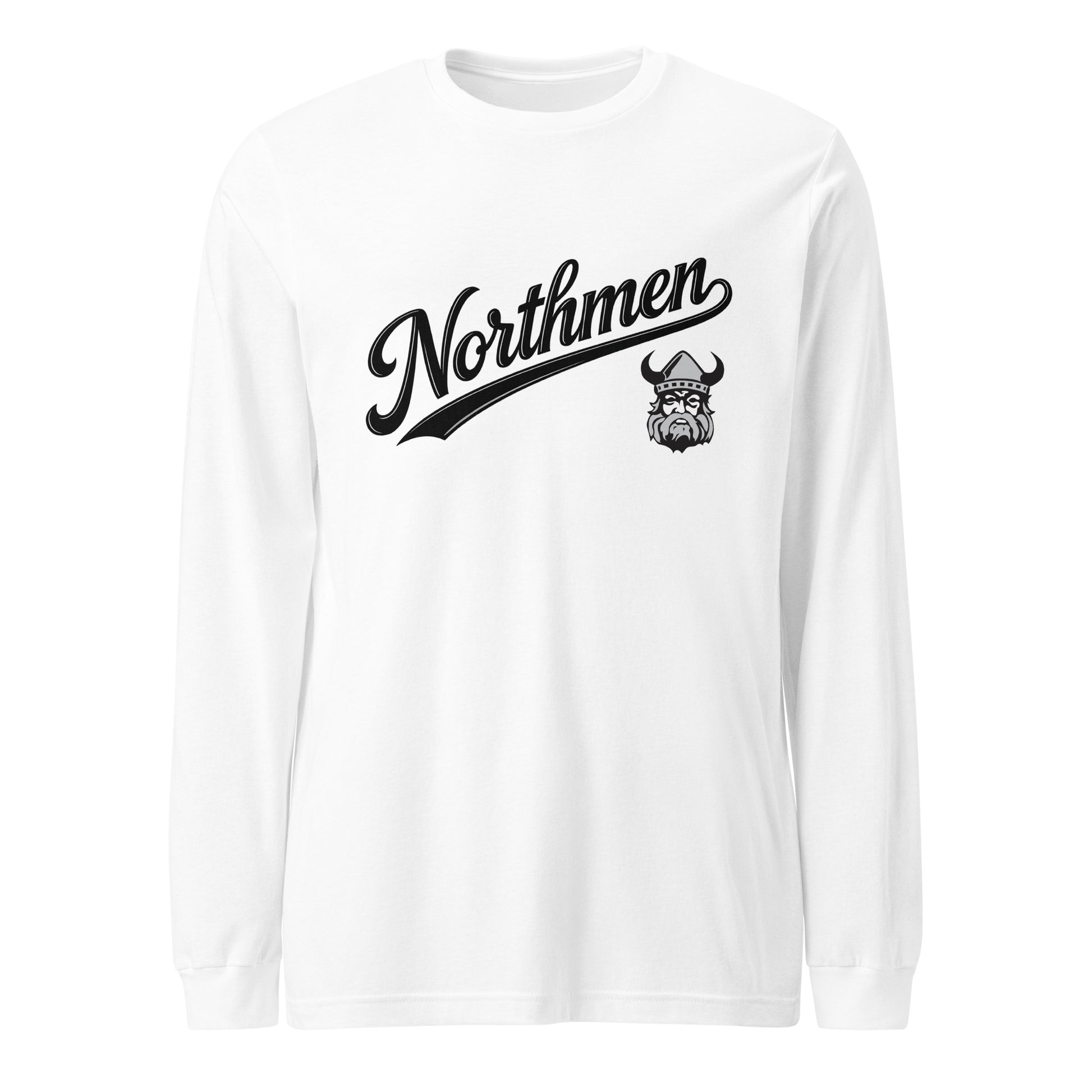 Northmen Script Unisex Long Sleeve Tee in White - front view - Sanderson Lacrosse