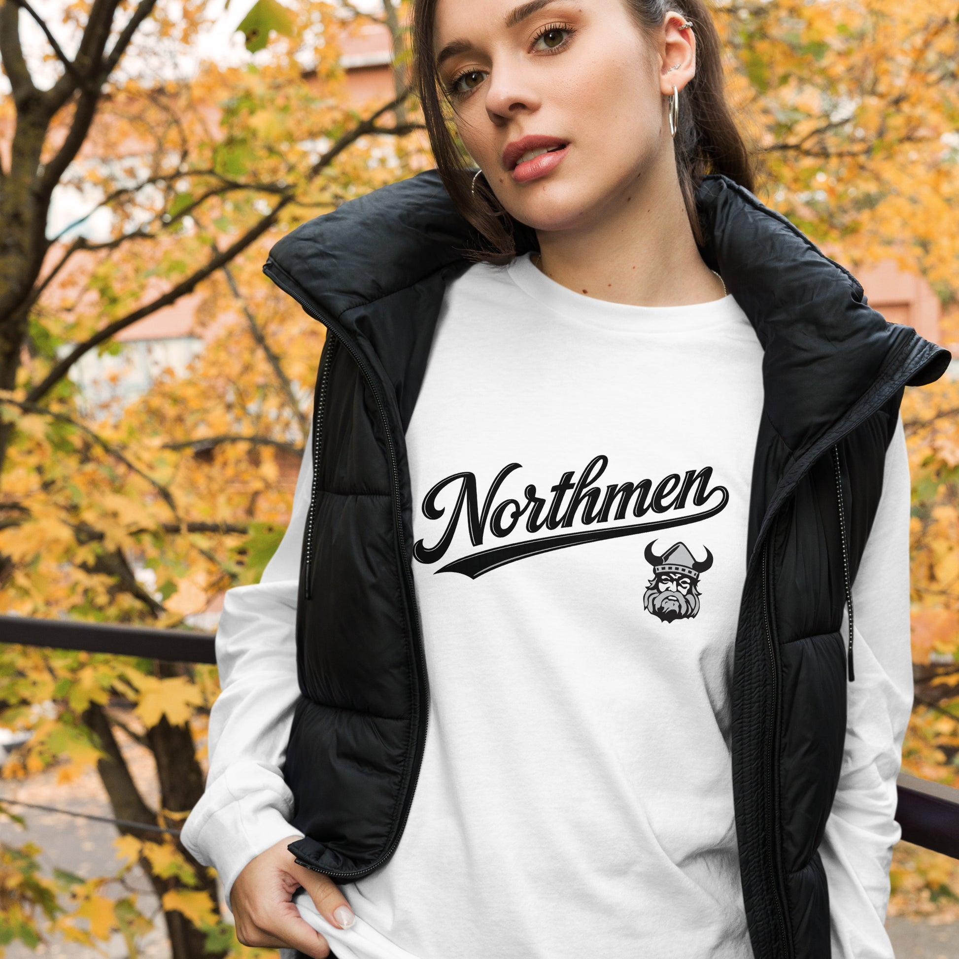 Northmen Script Unisex Long Sleeve Tee in White - front detail view - Sanderson Lacrosse