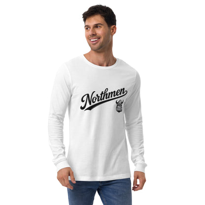Northmen Script Unisex Long Sleeve Tee in White - lifestyle front view - Sanderson Lacrosse