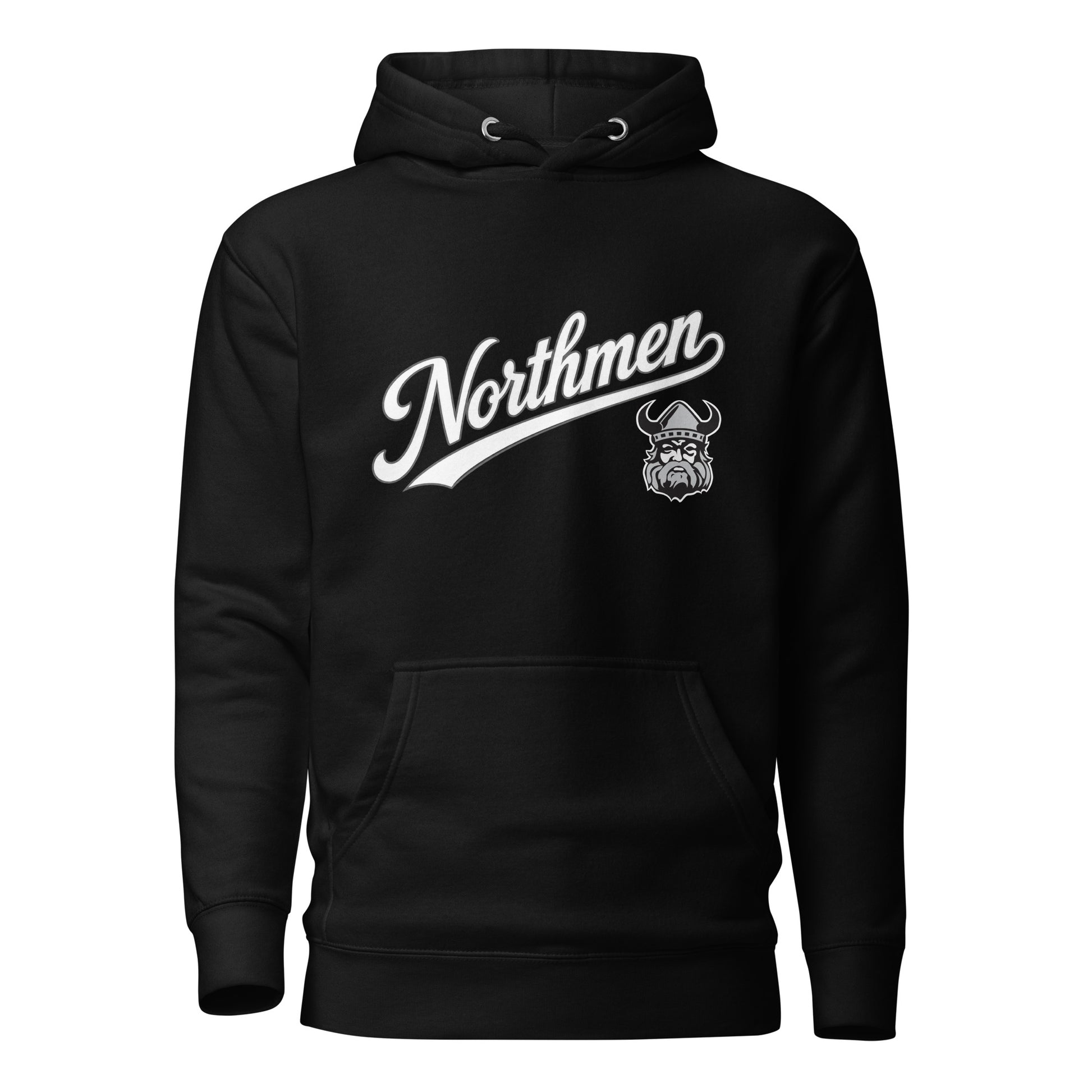 Northmen Script Unisex Pullover Hoodie in Black - front view - Sanderson Lacrosse