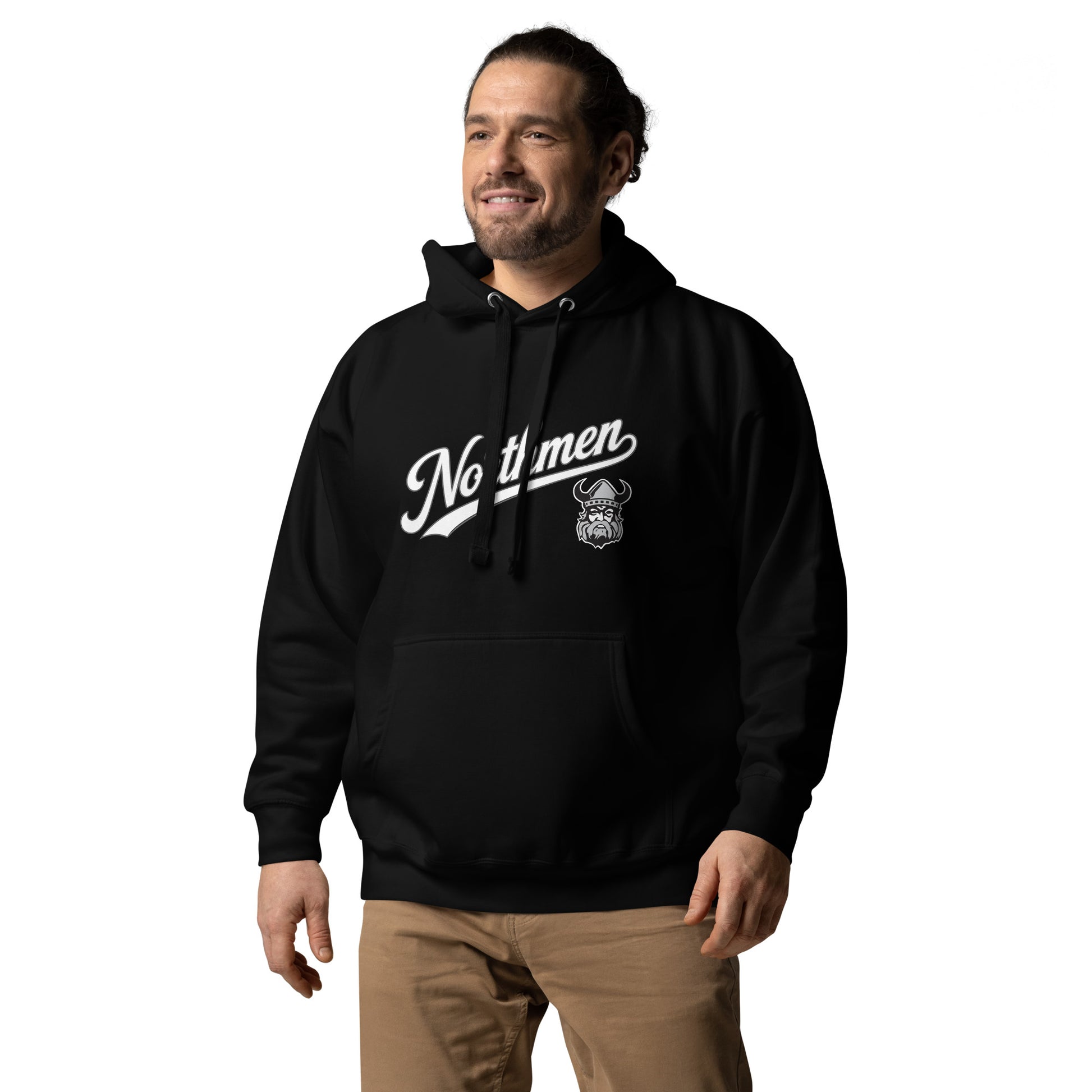 Northmen Script Unisex Pullover Hoodie in Black - left front view - Sanderson Lacrosse