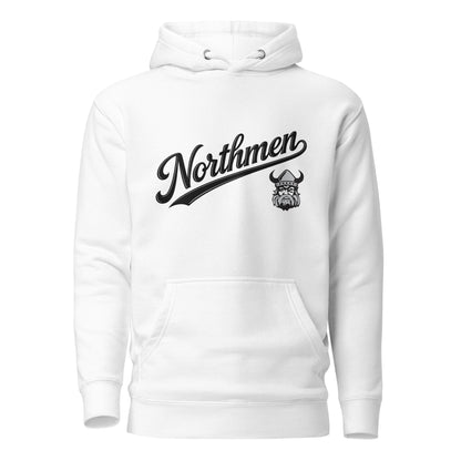 Northmen Script Unisex Pullover Hoodie in White - front view - Sanderson Lacrosse