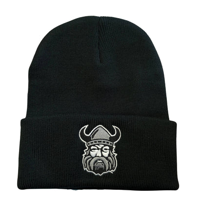 The Classic Northmen Toque by Sanderson Lacrosse is a black knit beanie with a white embroidered Viking head in a horned helmet on the front cuff.