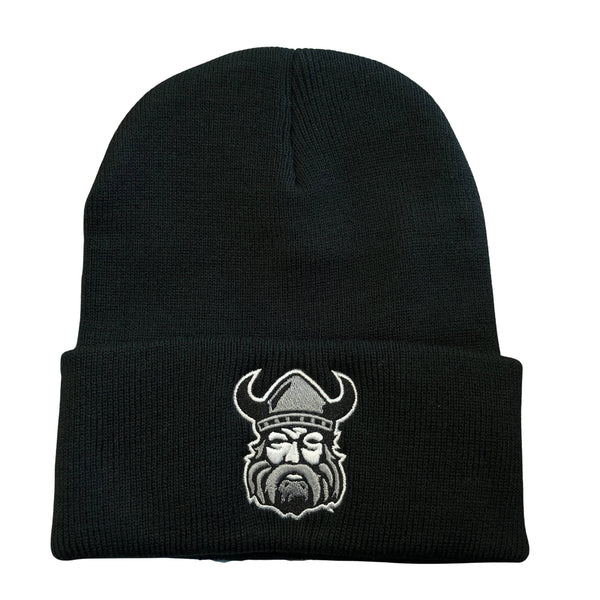 The Classic Northmen Toque by Sanderson Lacrosse is a black knit beanie with a white embroidered Viking head in a horned helmet on the front cuff.