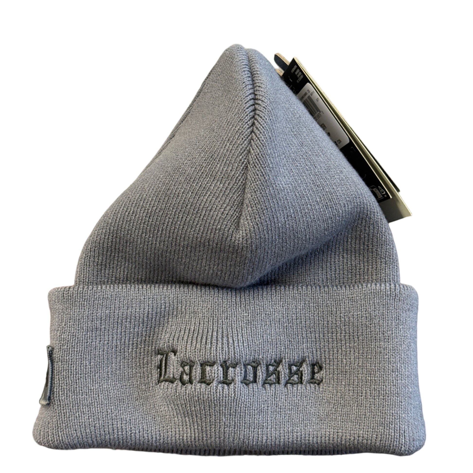 Gray beanie with 'LACROSSE' branding on a blurred background