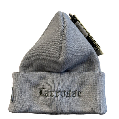Gray beanie with 'LACROSSE' branding on a blurred background