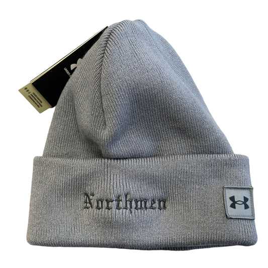 Gray knit beanie with 'Northmen' embroidery on a blurred background