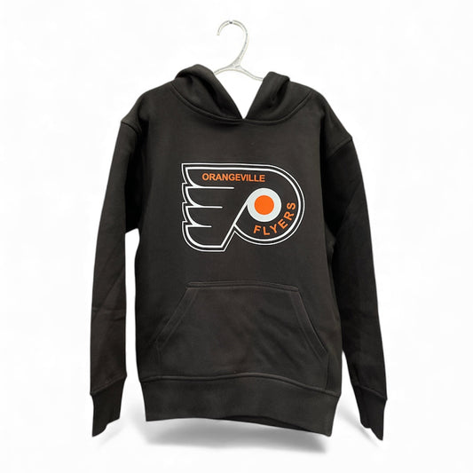 Black Orangeville Flyers hockey hoodie with official team logo on hanger, front view