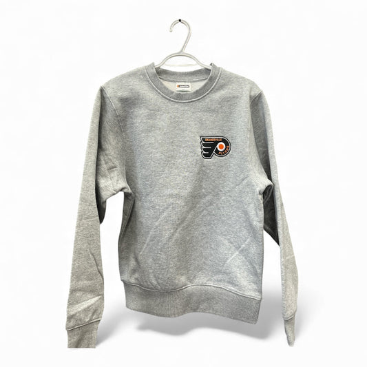 Grey Orangeville Flyers premium crewneck sweatshirt with small left-chest team logo on hanger