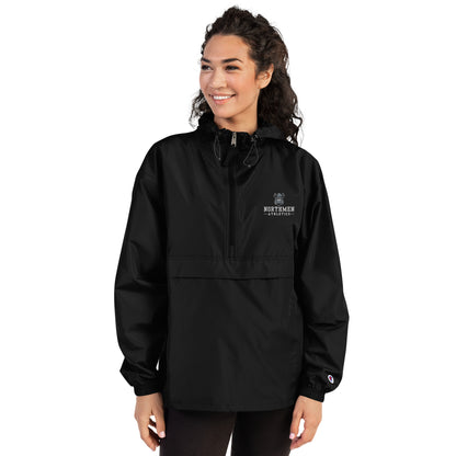 Orangeville Northmen Embroidered Champion Packable Jacket in Black - lifestyle front view - Sanderson Lacrosse