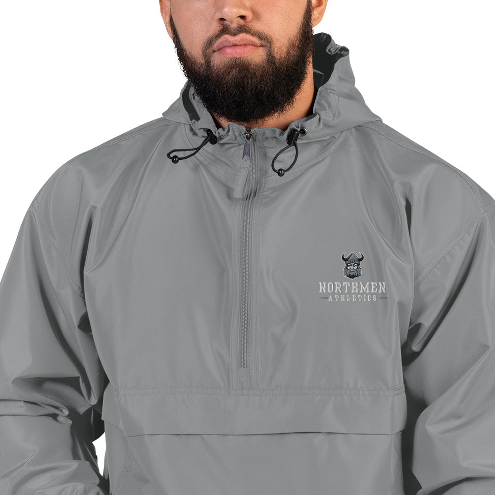 Orangeville Northmen Embroidered Champion Packable Jacket in Graphite - logo detail close-up - Sanderson Lacrosse
