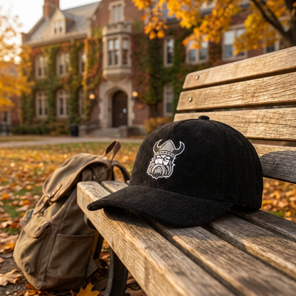 Orangeville Northmen Corduroy Hat | Viking Logo | Black, Brown & Grey – back view – Sanderson Lacrosse