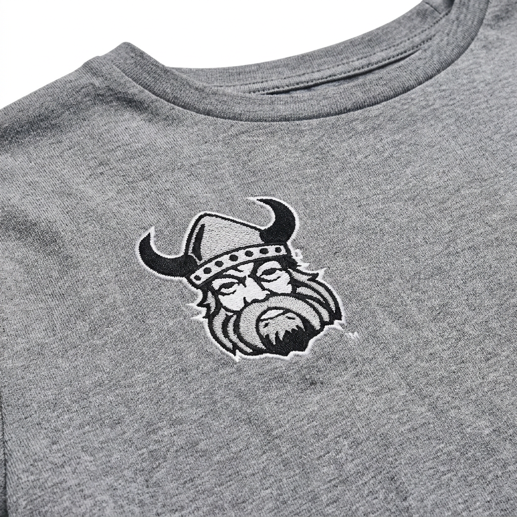 Orangeville Northmen T-Shirt – Right Chest Viking Logo – Heather Grey – detail