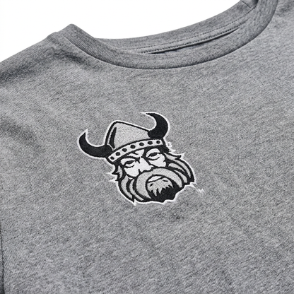 Orangeville Northmen T-Shirt – Right Chest Viking Logo – Heather Grey – detail
