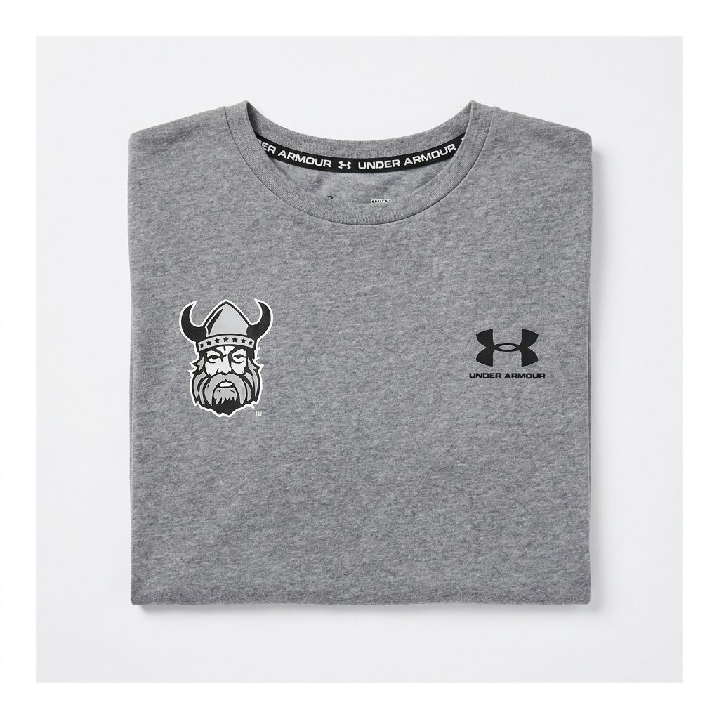 Orangeville Northmen T-Shirt – Right Chest Viking Logo – Heather Grey – flat lay