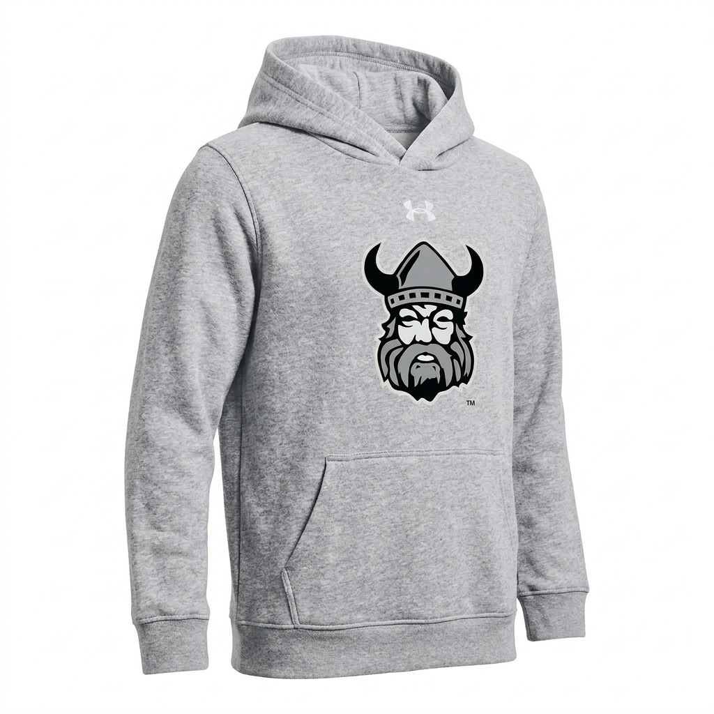 Orangeville Northmen Under Armour Youth Hoodie – Grey – Viking Crest Graphic – three-quarter left view