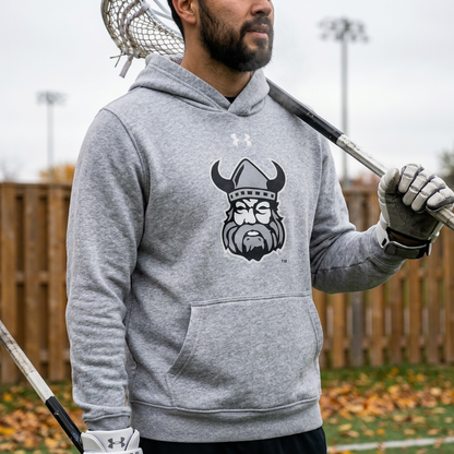 Orangeville Northmen Under Armour Youth Hoodie – Grey – Viking Crest Graphic – detail view – Sanderson Lacrosse