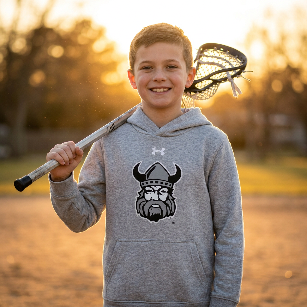 Orangeville Northmen Under Armour Youth Hoodie – Grey – Viking Crest Graphic – back view – Sanderson Lacrosse