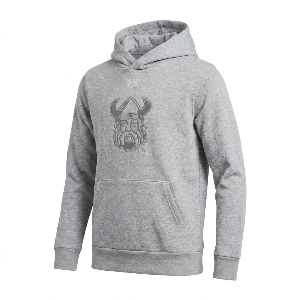 Orangeville Northmen Youth Hoodie – Grey on Grey – Team Crest Pullover Sweatshirt – three-quarter left view
